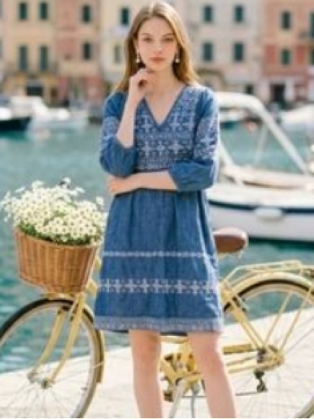 WRAP London Linen Embroidered Chambray Dress, Size 4